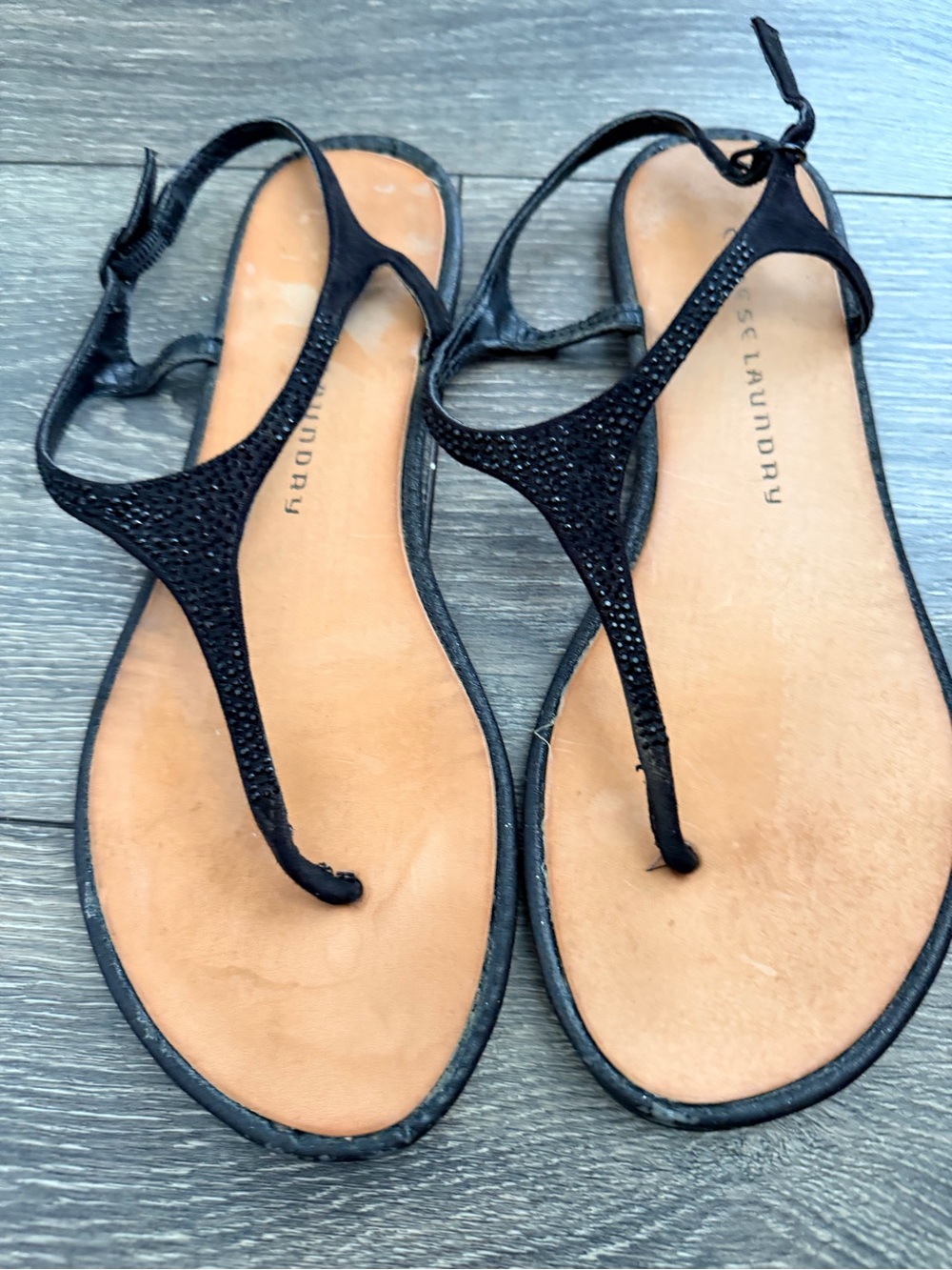 Chinese Laundry Black T-Strap Rhinestone Sandals